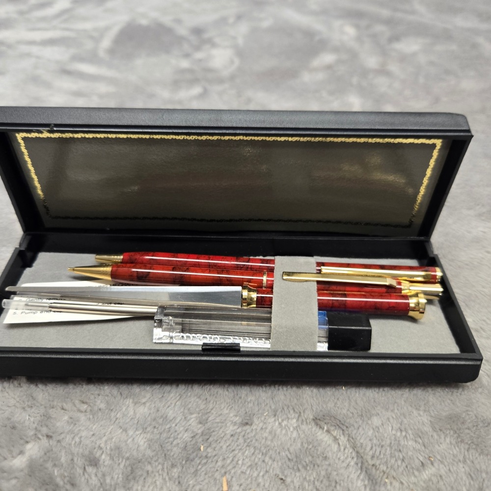 Vintage Red Marble Style Desk Set Pen Pencil Letter Opener Gold Tone Trim Case